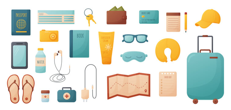 traveling item collection, tourism stuff, elements for travel, vacation, tourist objects, luggage, suitcase, map, passport, sunglasses, wallet, ticket, phone and more, cartoon vector illustration