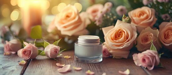 Obraz na płótnie Canvas Facial beauty cream jar with floral attar in glass vial, roses, and wooden table. Soft focus.