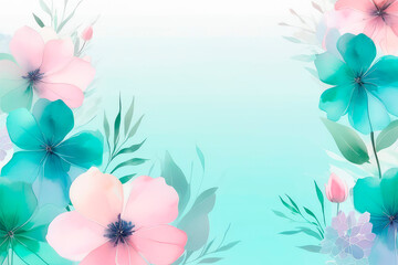 Art background with transparent x-ray flowers in pink, purple, pastel turquoise and green colors.