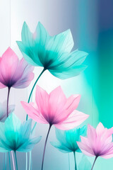 Art background with transparent x-ray flowers in pink, purple, pastel turquoise and green colors.