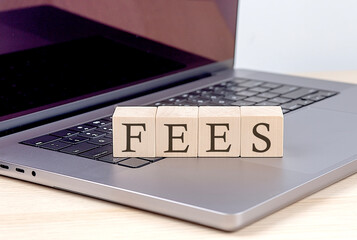 FEES word on wooden block on laptop, business concept