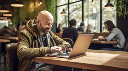 Obraz premium Emotional portrait of a confident and positive business mature European man with a bald head , looking with a smile at the laptop