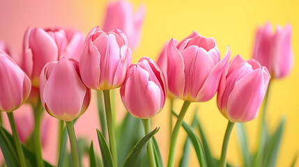 bouquet of pink tulips, Beautiful pink tulips on soft yellow background 
