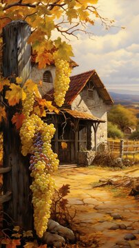 Grapes fall with small barn style AI Generated pictures
