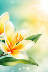 Fototapeta premium Closeup of blooming frangipani flowers in the summer sun rays in spring.