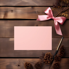 card with pink roses, mockup card with a little pink ribbon , wood background , mothers day