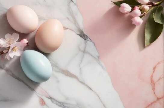 pink eggs and flowers on marble  top view 