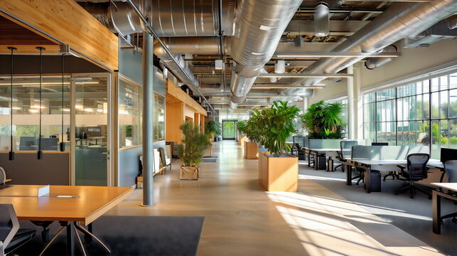 An office haven that fosters well-being and efficiency, with exposed ductwork embracing the airy ambiance and natural light igniting focus