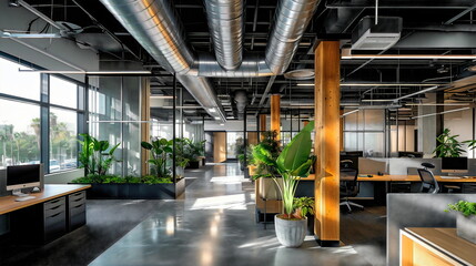 An office space that emphasizes wellness and well-being, with exposed ductwork providing a sense of openness and airiness, and natural light promoting productivity
