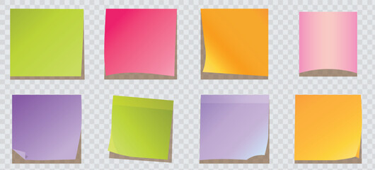 8 blank sticky notes isolated on transparent background. Discussing business, teamwork, brainstorming concept.Collection of colored adhesive notes. Multicolor post it notes 
