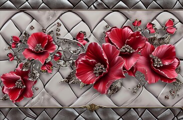 3d wall art painting of red flowers in a ceramic tile background, in the style of luxurious fabrics, crystals, uhd image, dark pink and gray, mismatched patterns, elaborate borders, exquisite detail.