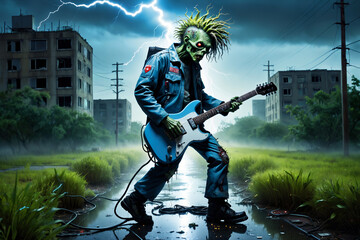 Fototapeta premium rocker zombie with lightning bolts like hair walking with an electric guitar with flashlights on head and hazmat suits in abandoned overgrown city made of intertwined computer cables and circuit boar