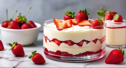 Berry dessert, cheesecake, trifle, mouse in a glass.. Dessert in glasses with fresh strawberries, whipped cream and biscuit. romentic Healthy food, vegan food. sugar, gluten and lactose free homemad.  - obrazy, fototapety, plakaty