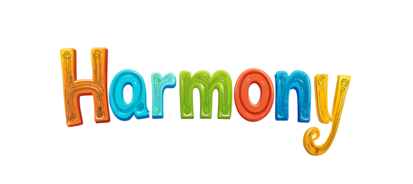 The word Harmony composed of colorful letters isolated on a transparent background 