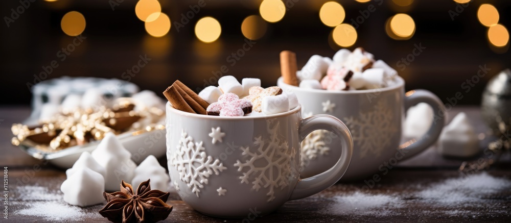 Poster snowflake mugs with hot chocolate, marshmallows, and cinnamon sticks on tile counter with soft-focus