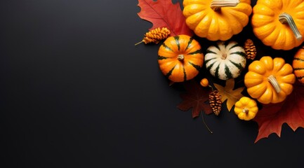 Frame of colorful red and yellow autumn leaves with cones and, pumpkin, rowan berries on a trendy black background