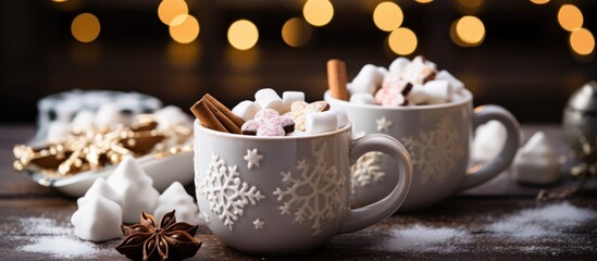 Snowflake mugs with hot chocolate, marshmallows, and cinnamon sticks on tile counter with soft-focus marshmallow bowl. Closeup shot with shallow depth of field.