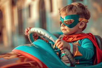 Cute little boy dressed in a superhero costume sitting in a little vehicle - obrazy, fototapety, plakaty
