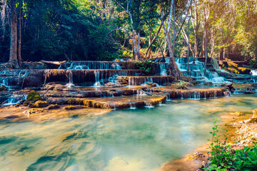 Beautiful of Huai mae khamin waterfall Srinakarin national park at Kanchanaburi thailand. Waterfall...
