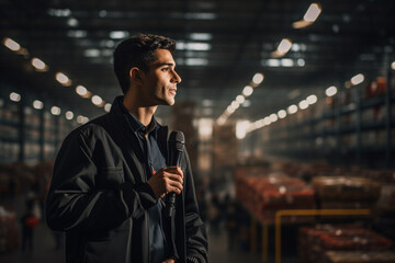 Reporter talking on the microphone in a warehouse 
