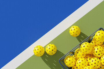 Basket of Pickleball balls on court. Top view, place for text. 3d illustration, render.