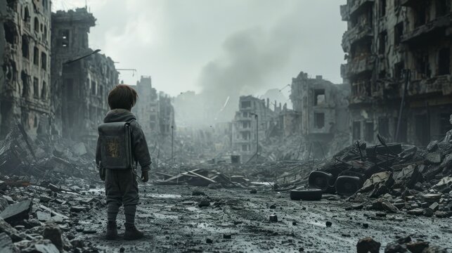 boy with his back in front of a destroyed city