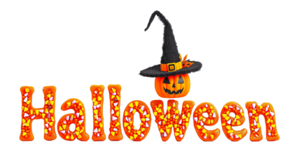 The word Halloween composed of pumpkins candy corn and a witch's hat isolated on a transparent background 