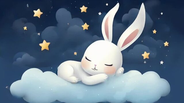 Cute Little Cartoon Bunny Sleeping and Dreaming on a Cloud. Dreaming. Fantasy. Looping
