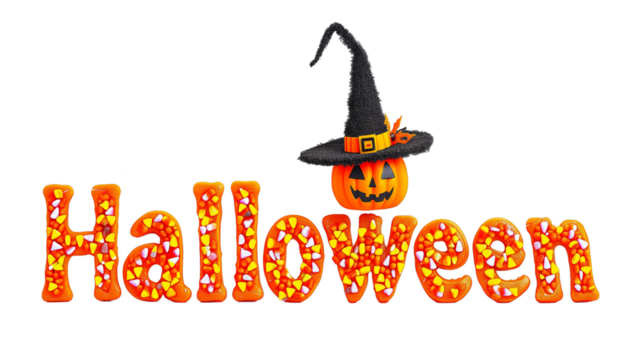 The word Halloween composed of pumpkins candy corn and a witch's hat isolated on a transparent background 