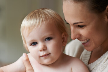 Mother, portrait and baby in house, nursery and family home with happiness in trust, love and support. Toddler, motherhood and infant with face, boy and bonding together for kids childhood memories