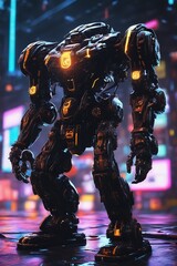 Neon Sentinel: Mecha Warrior on Night Patrol