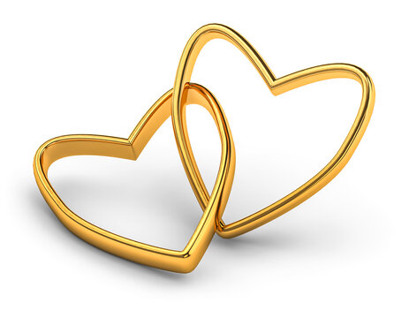 Gold wedding rings forming a heart, symbolizing love. Two golden rings isolated on white