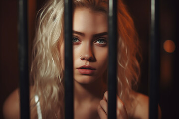 Sad blond girl behind bars looking at camera - obrazy, fototapety, plakaty