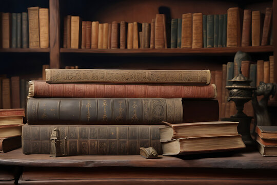 An Old ancient books, historical books. Collection of human knowledge concept. Wide-format design.
