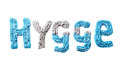 The word Hygge made of cozy knitwear isolated on a transparent background 