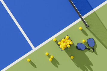 Two Pickleball paddles and basket of balls on court. Top view. 3d illustration, render.