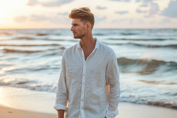 Fototapeta na wymiar Casual shirt mockup on the beach, a relaxed image showcasing a casual shirt mockup worn by a model on a serene beach.