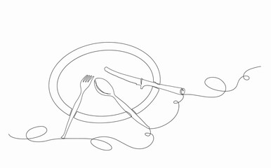 Set of plate, spoon, knife, and flok continuous one line hand drawn isolated on white background, Illustration vector design