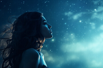 Sad female profile on stars sky background, toned image  - obrazy, fototapety, plakaty