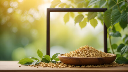 frame of fresh soy isolated on blurred abstract sunny background banner, nature scene with asian spirit and copy space