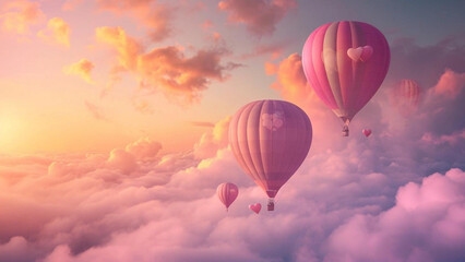 Obraz premium dreamy cityscape at dusk, with skyscrapers aglow in shades of pink and purple. Incorporate elements like heart-shaped hot air balloons and couples enjoying.