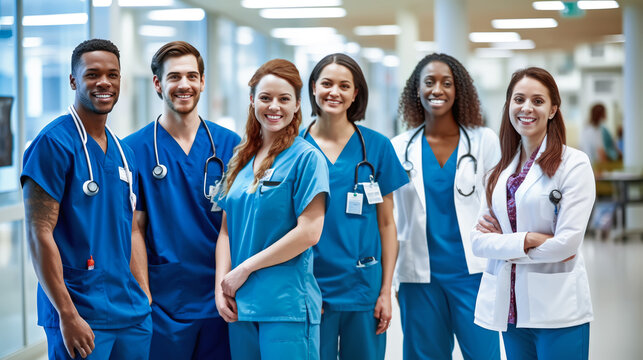 A group of six healthcare workers in blue scrubs, standing in a bright Clinic hallway. Doctors Healthcare Professionals in Hospital Corridor