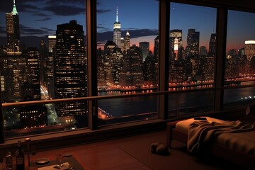 Fototapeta na wymiar Contemporary Living Room Interior with Ambient Lighting and Evening Cityscape View