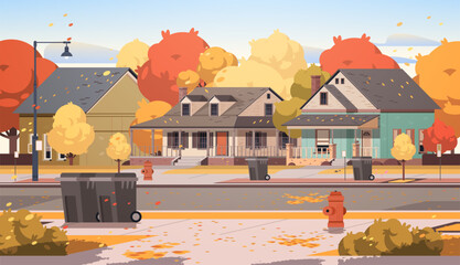 Small autumn street with facades of neighboring houses. Flat vector illustration