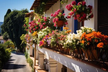 Fototapeta na wymiar Hobby and recreation, beautiful balcony or terrace decorated with various flowers in pots