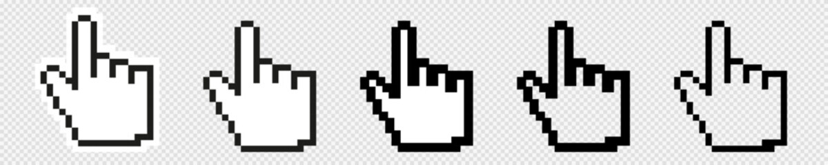 Computer mouse hand 8 bit pixel click cursor. Pointer finger pixelated cursor. Cursors bit retro icons click set