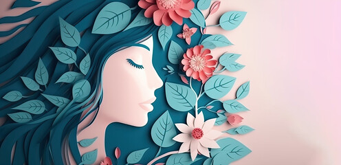 Paper style illustration of a woman's face with flowers and leaves, International Women's Day Concept.