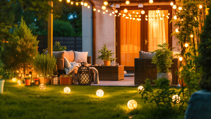 Beautifully illuminated terrace at a single-family house in a green setting