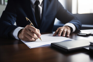 person in suit signing a paper/contract