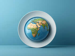 Globe on a plate for food on a blue background. Power, economy